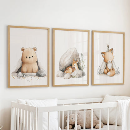 Baby animal portraits wall art, a three-piece set in warm wooden frames, hangs gently above the cot to bring hush and wonder to the nursery.