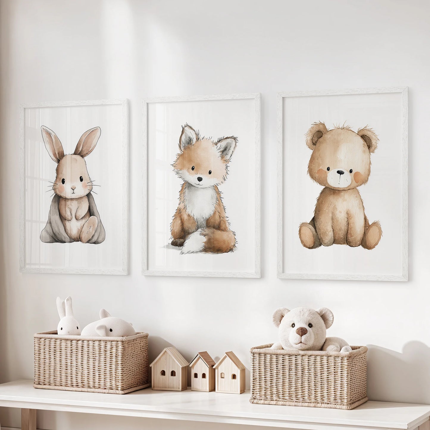 Three-piece artwork of forest friends in white frames brightens a children's room, displayed playfully above the toy storage.