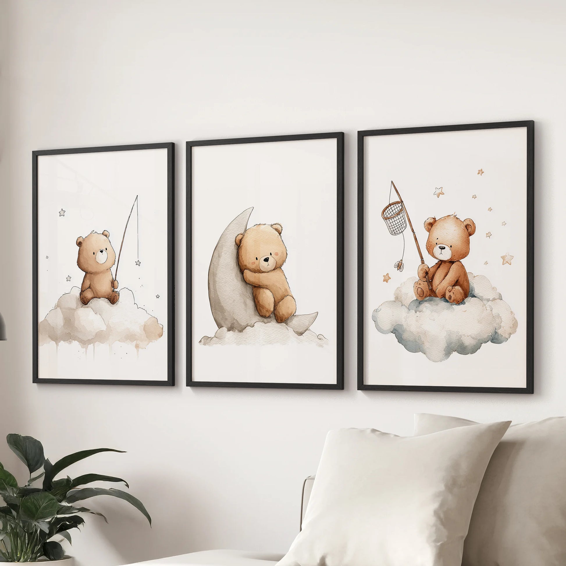 Cozy nursery interior with watercolor bear wall art triptych and soft beige bedding.