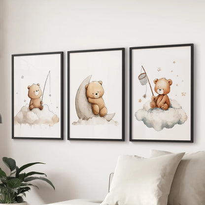 Cozy nursery interior with watercolor bear wall art triptych and soft beige bedding.