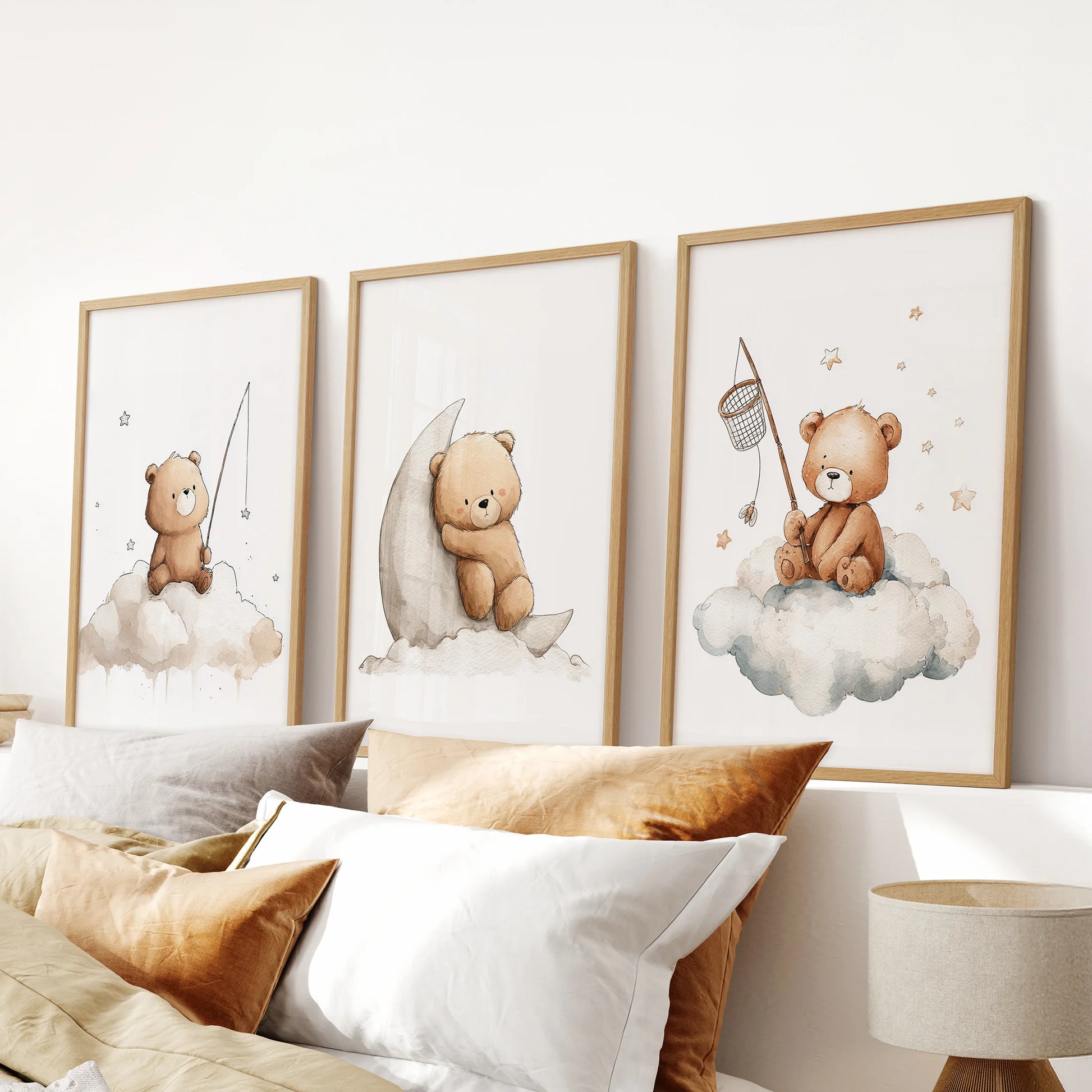 Sweet teddy bear watercolor prints creating a soft and soothing look for a modern baby room.