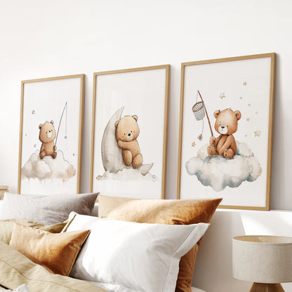 Sweet teddy bear watercolor prints creating a soft and soothing look for a modern baby room.