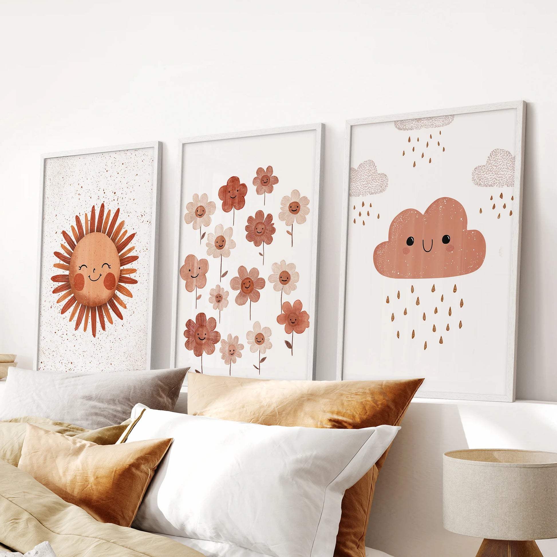 Soft cloud wall art, a set of three framed prints in white, centers over the bedroom headboard to keep the nursery calm and soothing.