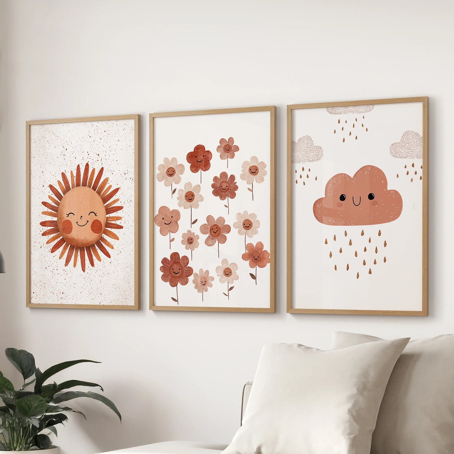 Sun, flowers, cloud wall art, an oak-framed three-piece set, anchors above the lounge sectional sofa and keeps the space calm and nursery-friendly.