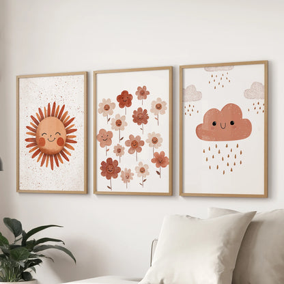 Sun, flowers, cloud wall art, an oak-framed three-piece set, anchors above the lounge sectional sofa and keeps the space calm and nursery-friendly.