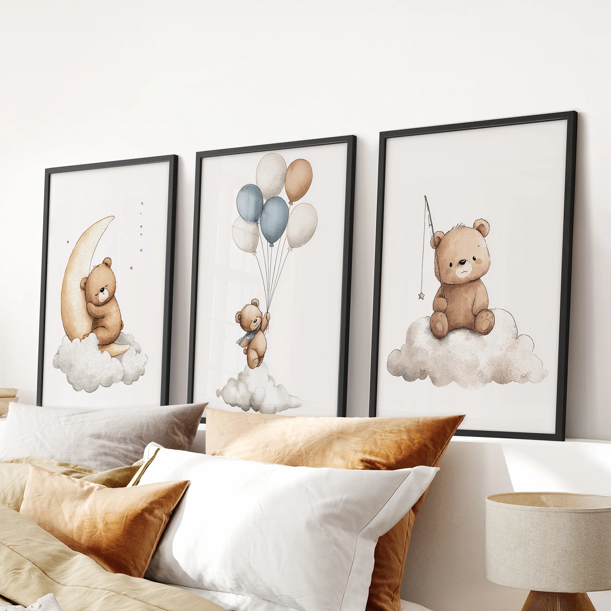 Cloud and star themed teddy bear posters arranged as a triptych for kids room. Black frames for bedroom.