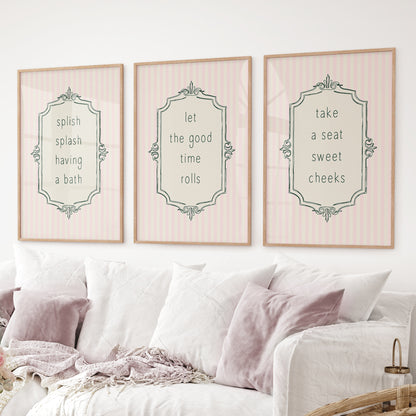 Typography bathroom prints with humorous sayings. Thinwood frames over the couch.