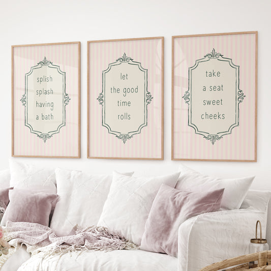 Typography bathroom prints with humorous sayings. Thinwood frames over the couch.
