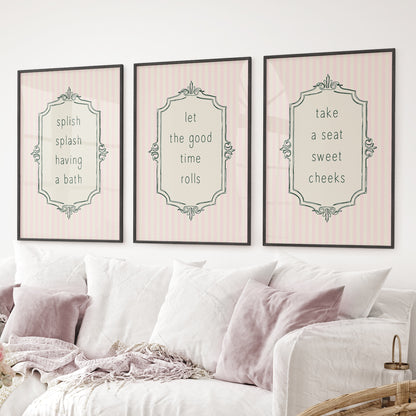 Set of 3 bathroom quotes wall art in vintage style. Pink retro prints. Black frames for living room.