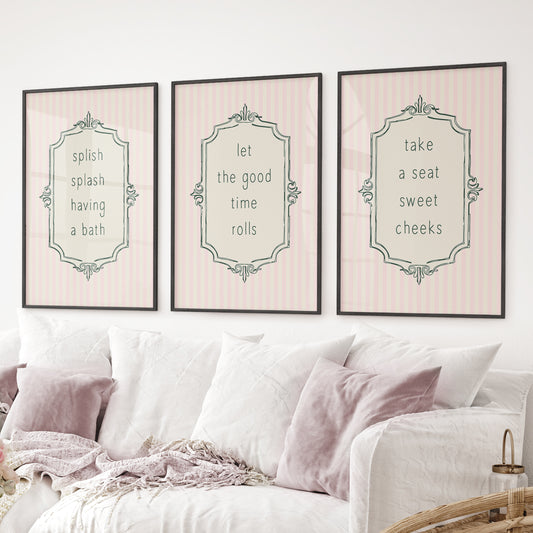 Set of 3 bathroom quotes wall art in vintage style. Pink retro prints. Black frames for living room.
