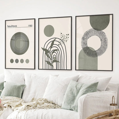 Set of 3 boho green prints in black frames, abstract mid-century gallery wall