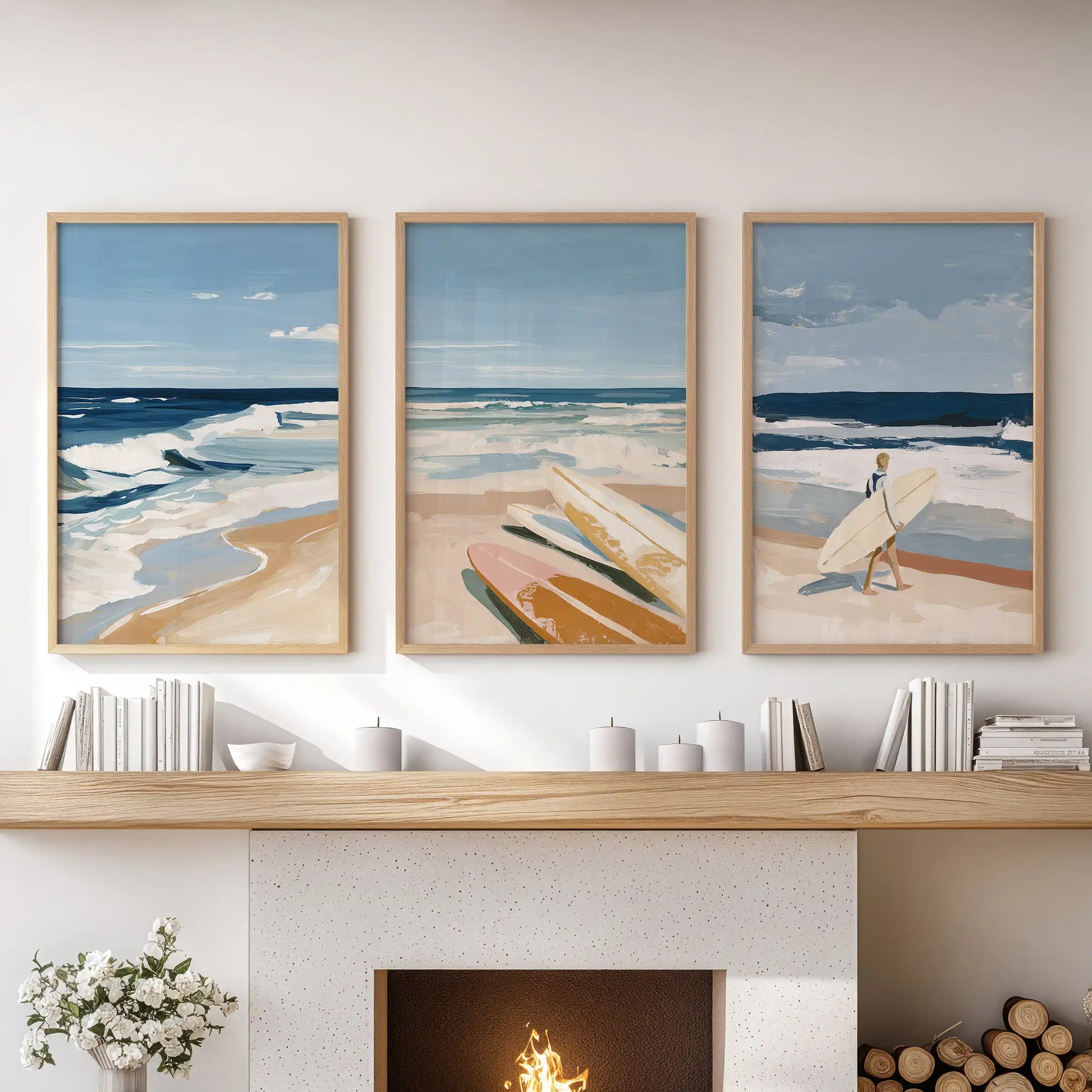 A thin-wood-framed triptych of beach scenes rests above the hearth, brightening the family room with open-coast clarity.