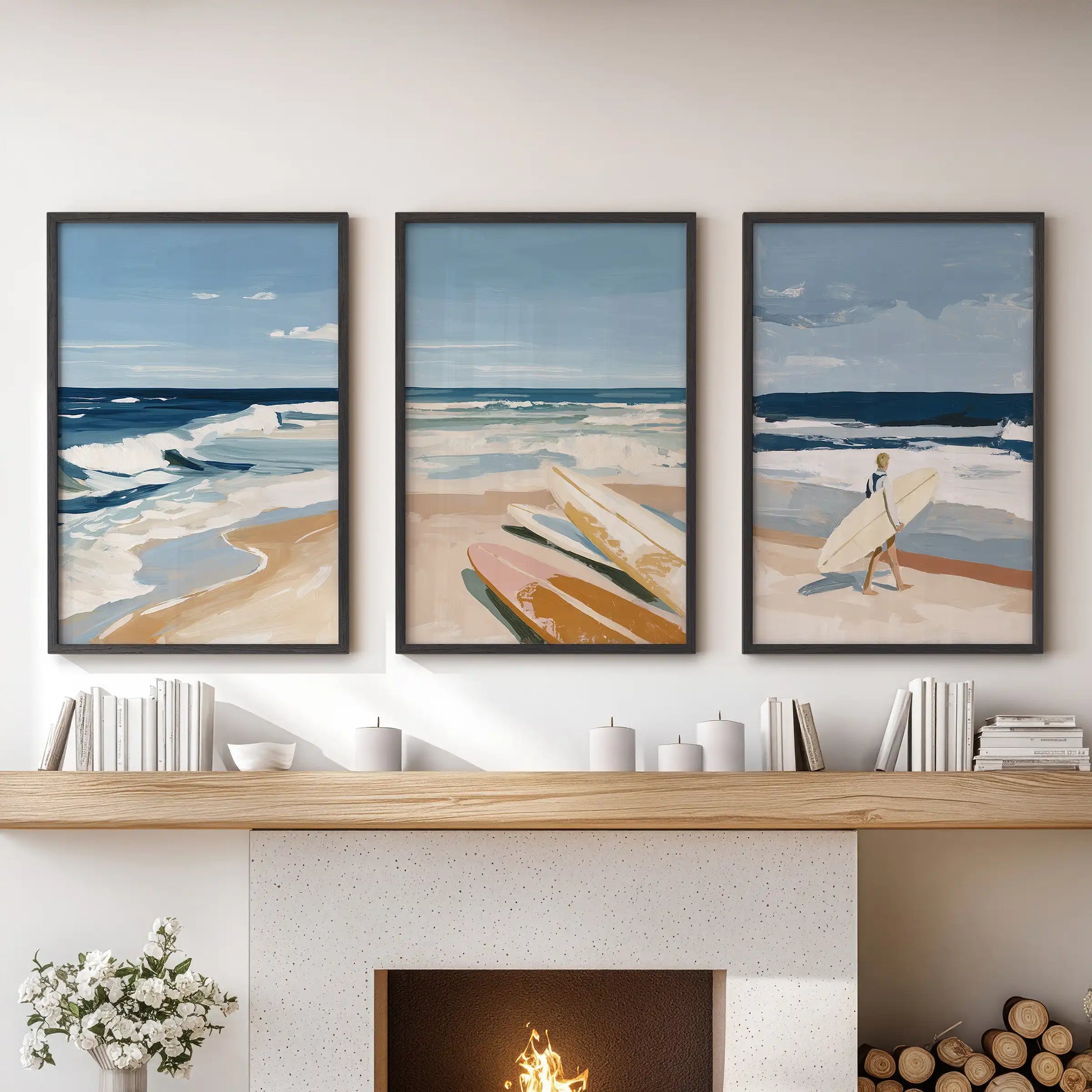 Beach and shoreline scenes in a black-framed three-piece gallery settle above the fireplace, grounding the lounge with luminous coastal tones.