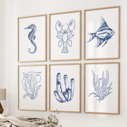 Neutral seaweeds prints set of 6. Lobster, fish, seahorse trendy room decor. Thinwood frames over the bed.