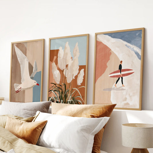 Australian coastal shoreline, 3-piece wall art in solid oak frames, centers above the bed to anchor the bedroom with natural warmth and surfside serenity.