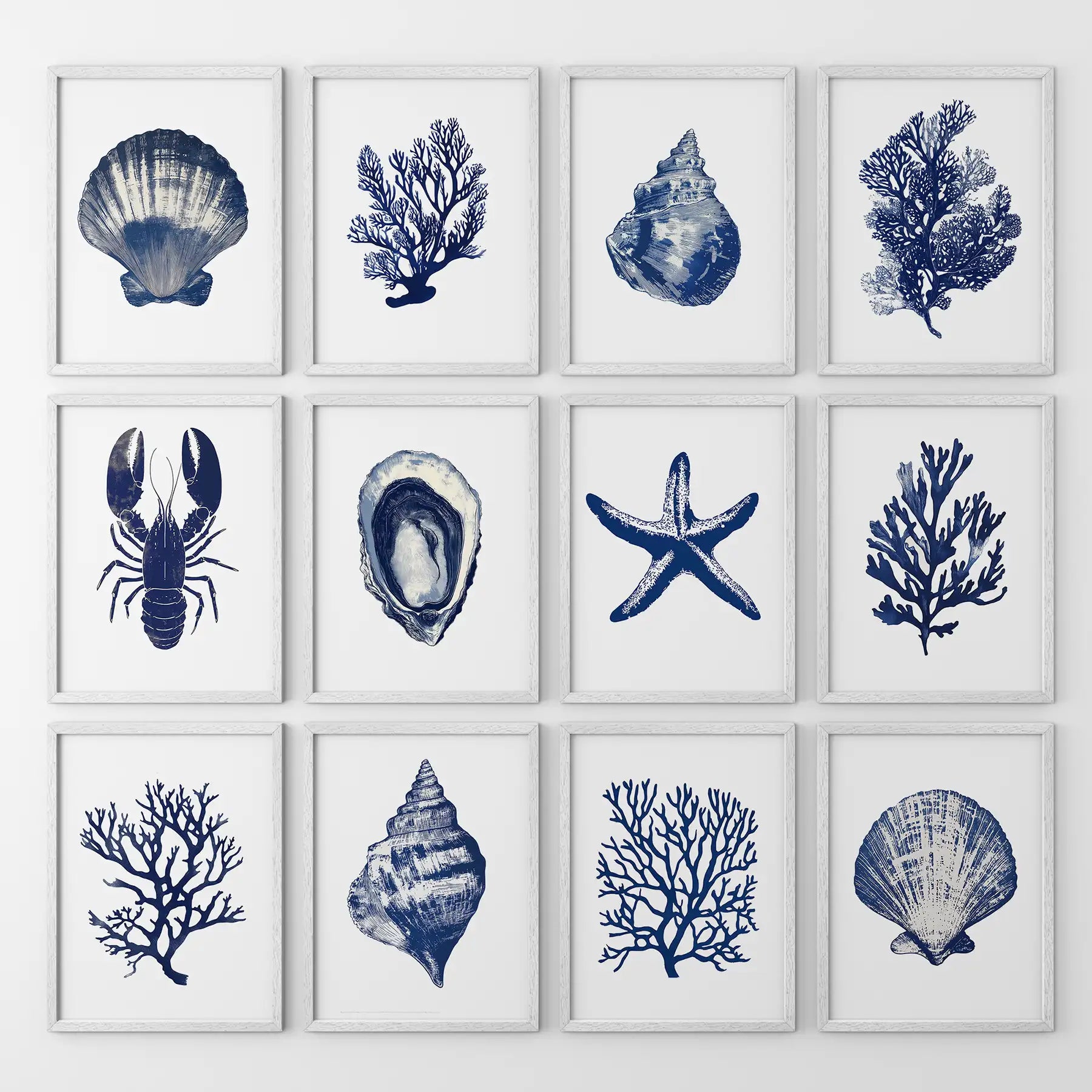 Bundle coastal home decor prints. Watercolor sea life set of 12 modern wall art. White frames for living room.