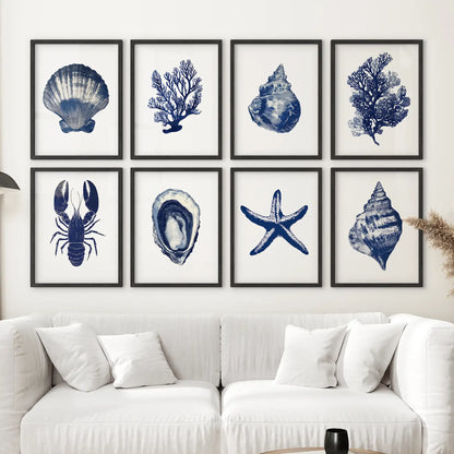 Sea life posters set of 8 marine theme artwork. Beachy room decor large art posters. Black frames for living room.