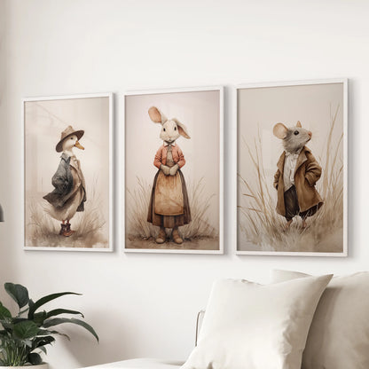 Vintage farmhouse animal wall art, set of three in white frames, over the lounge sofa and brings a soft, beige palette to calm the space.