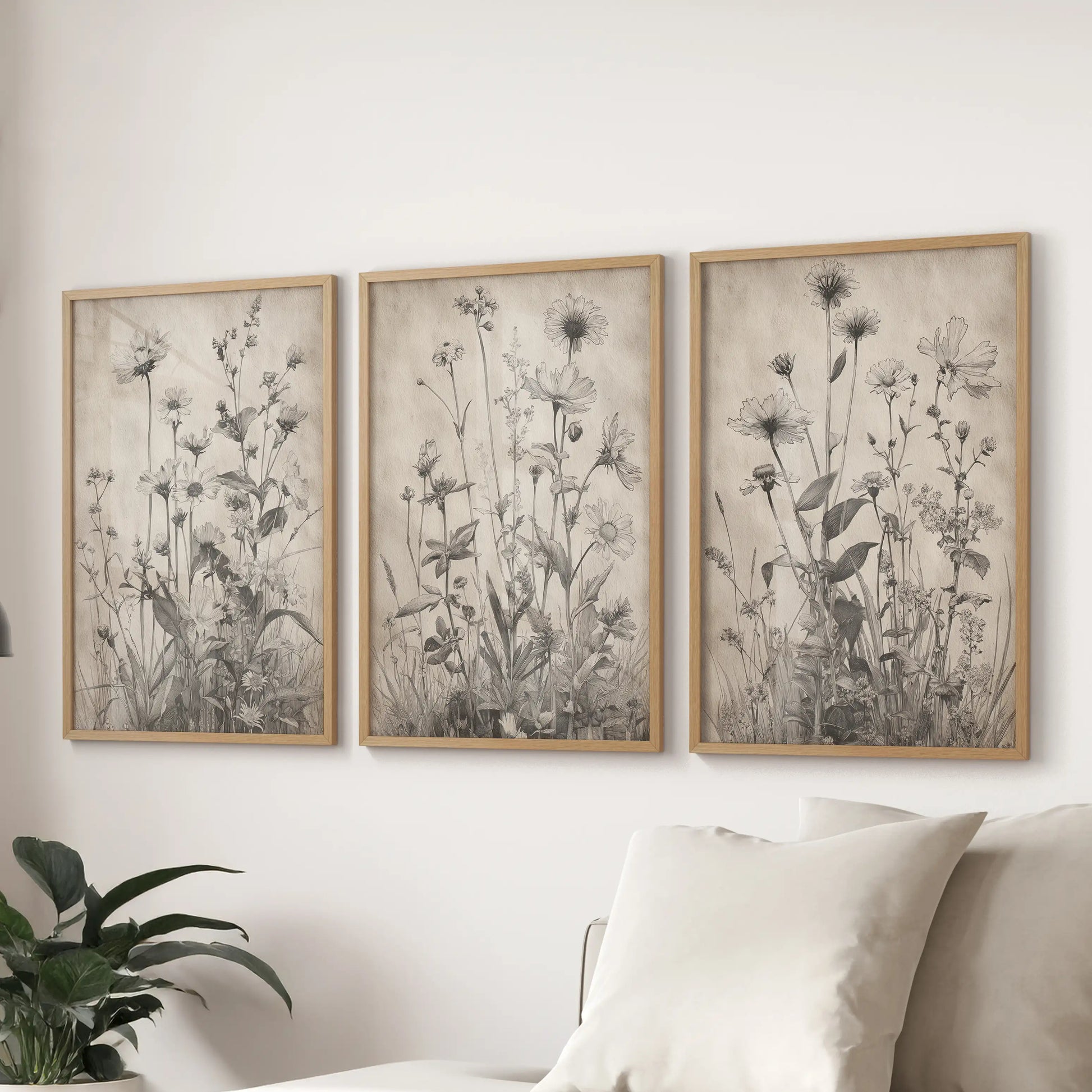 A 3-piece wall art set of black flower illustrations in light wood frames ties the sitting room together above the sectional sofa.