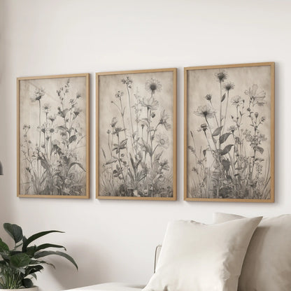 A 3-piece wall art set of black flower illustrations in light wood frames ties the sitting room together above the sectional sofa.