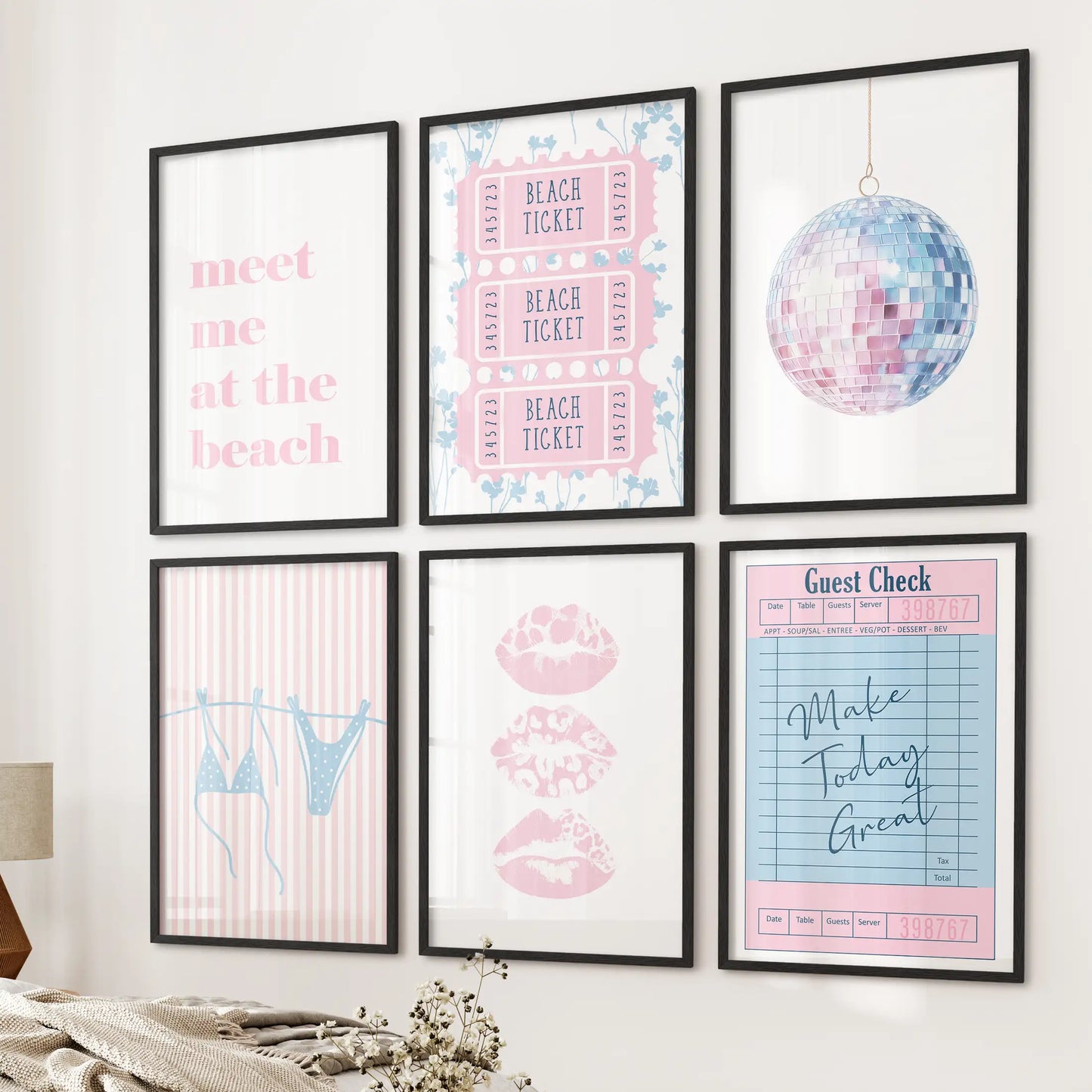 Light blue bikini wall art, a 6-piece picture set in black frames, hangs beside the bed in the bedroom and brings beachy pink lips, mirror-ball, and guest check accents.
