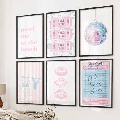 Light blue bikini wall art, a 6-piece picture set in black frames, hangs beside the bed in the bedroom and brings beachy pink lips, mirror-ball, and guest check accents.