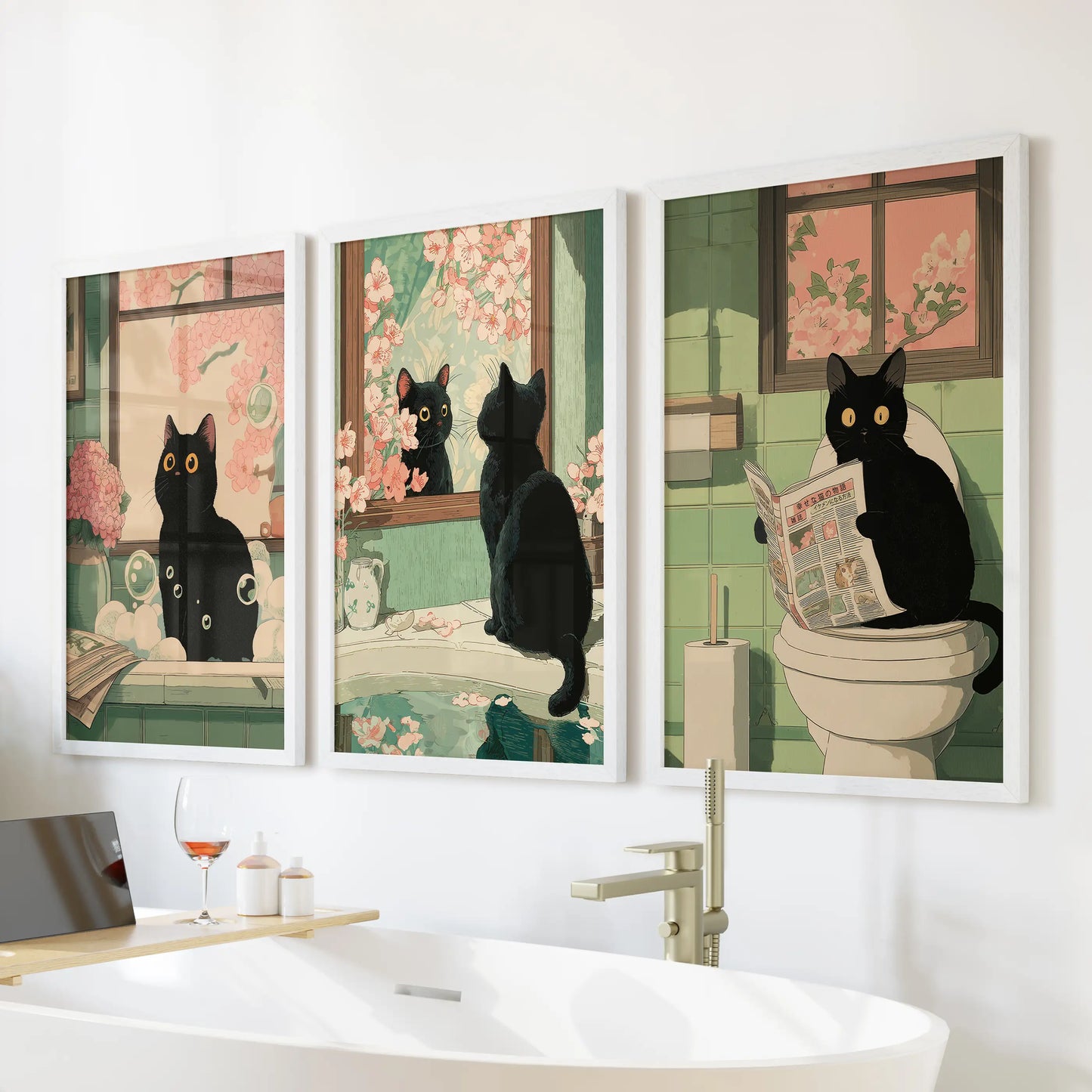 This quirky three-print wall art set, framed in white, shows a cat toilet scene that brightens bathroom walls above the soaking tub.