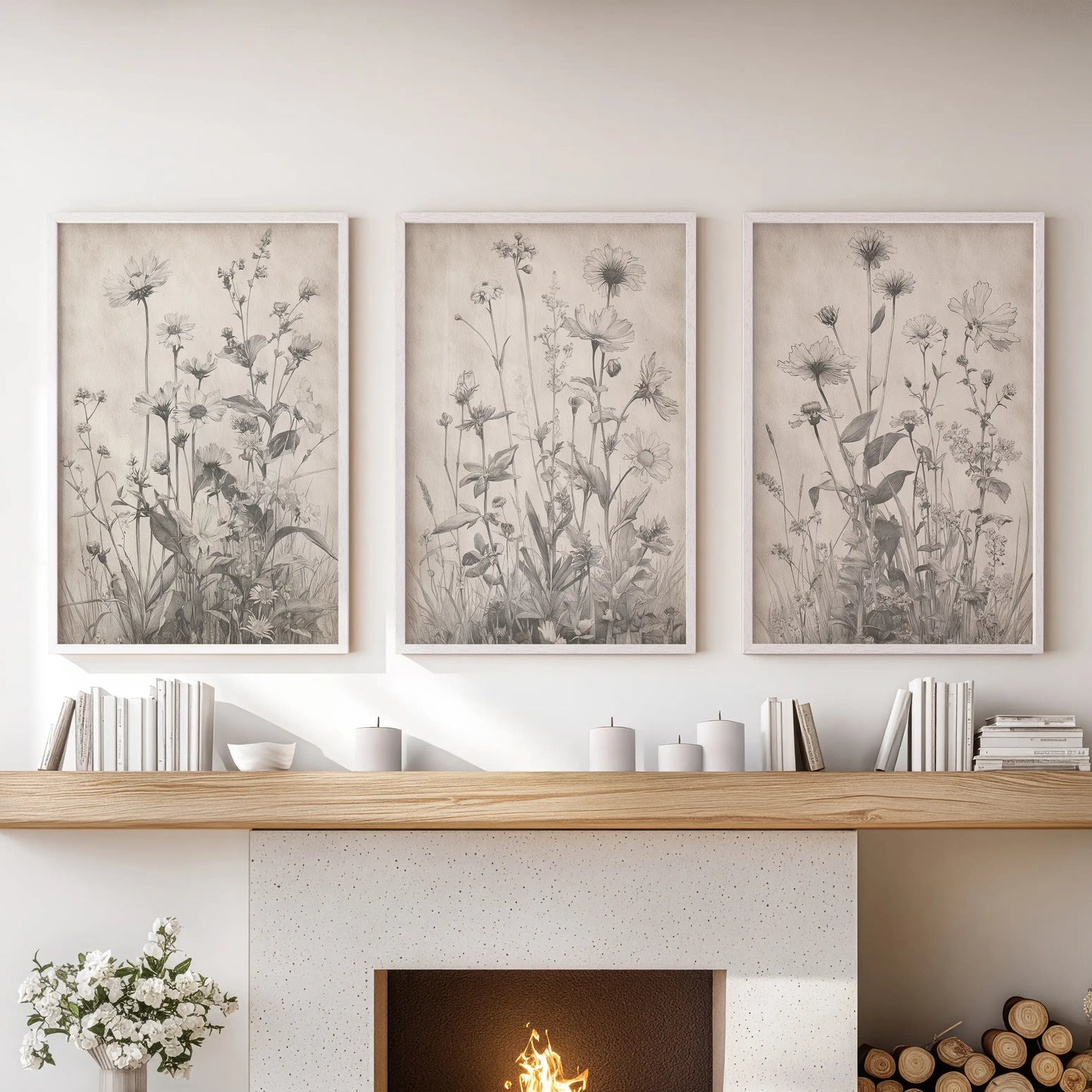 Vintage botanical prints, a three-piece wall art set in white frames, freshen the family room when arranged above the mantelpiece.