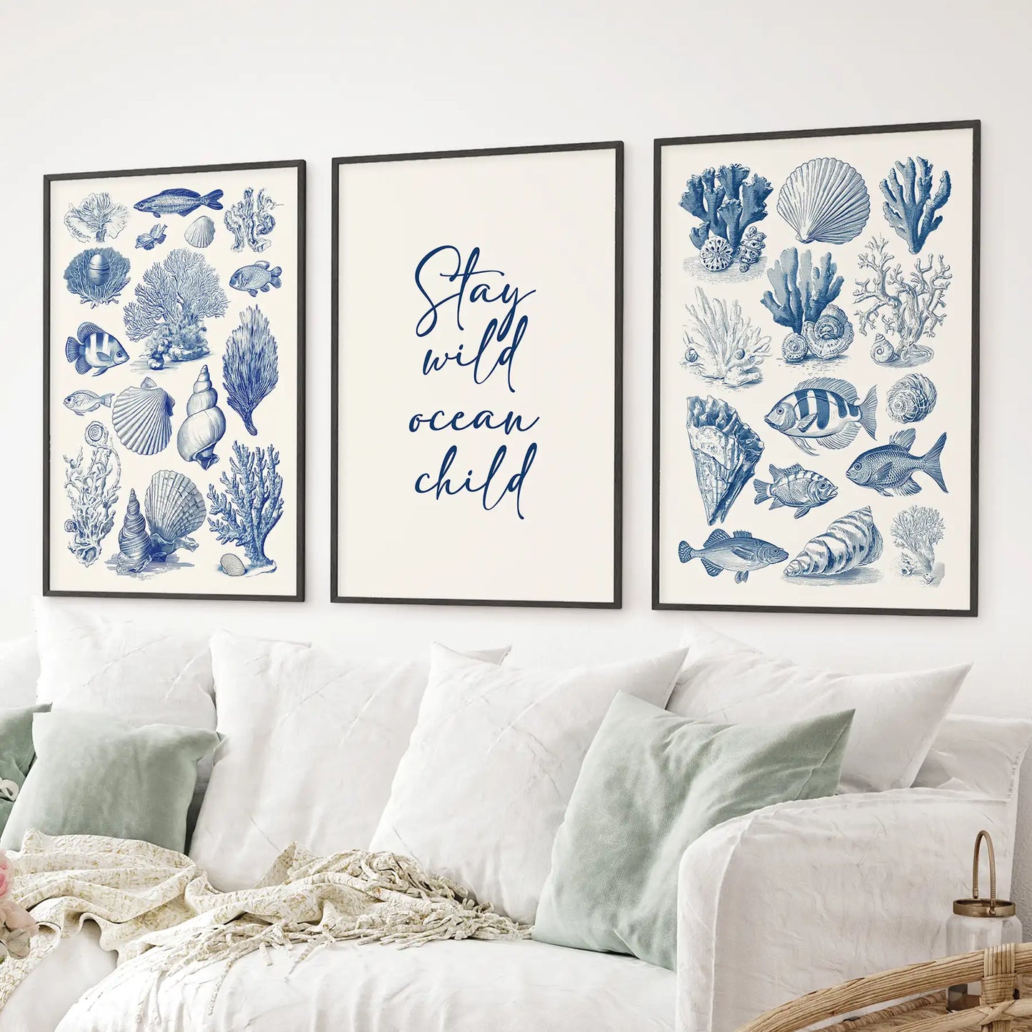 Ocean nursery decor. Watercolor marine life fish, seashell illustrations. Black frames above the sofa.