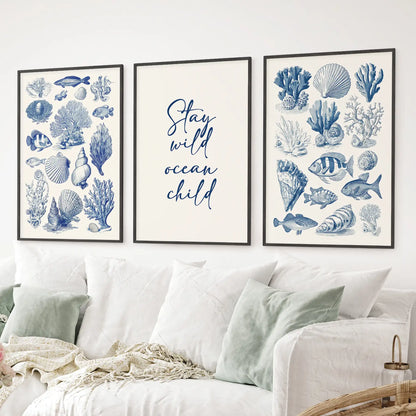 Ocean nursery decor. Watercolor marine life fish, seashell illustrations. Black frames above the sofa.
