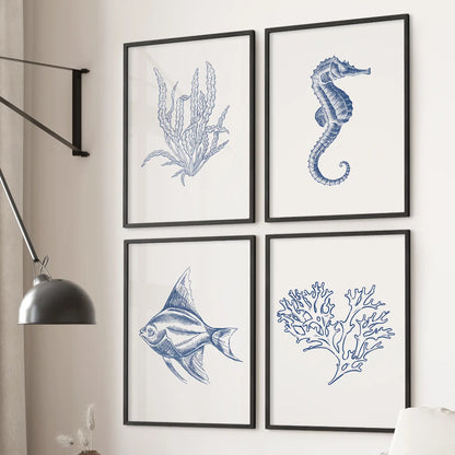 Neutral seaweeds, fish,coral prints set of 4. Minimalistic wall art. Black frames for bathroom.