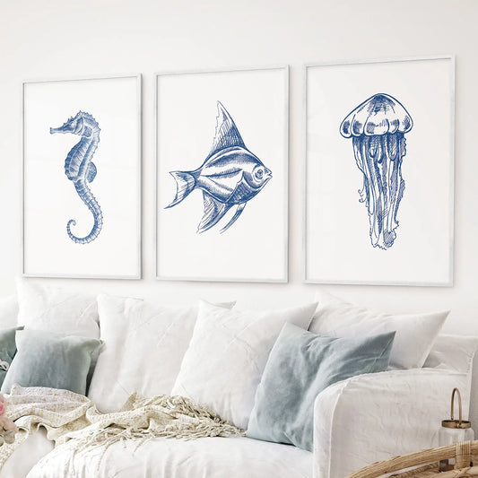 Nautical ocean animals art poster decor. Marine line art nautical wall art prints. White frames for bedroom.