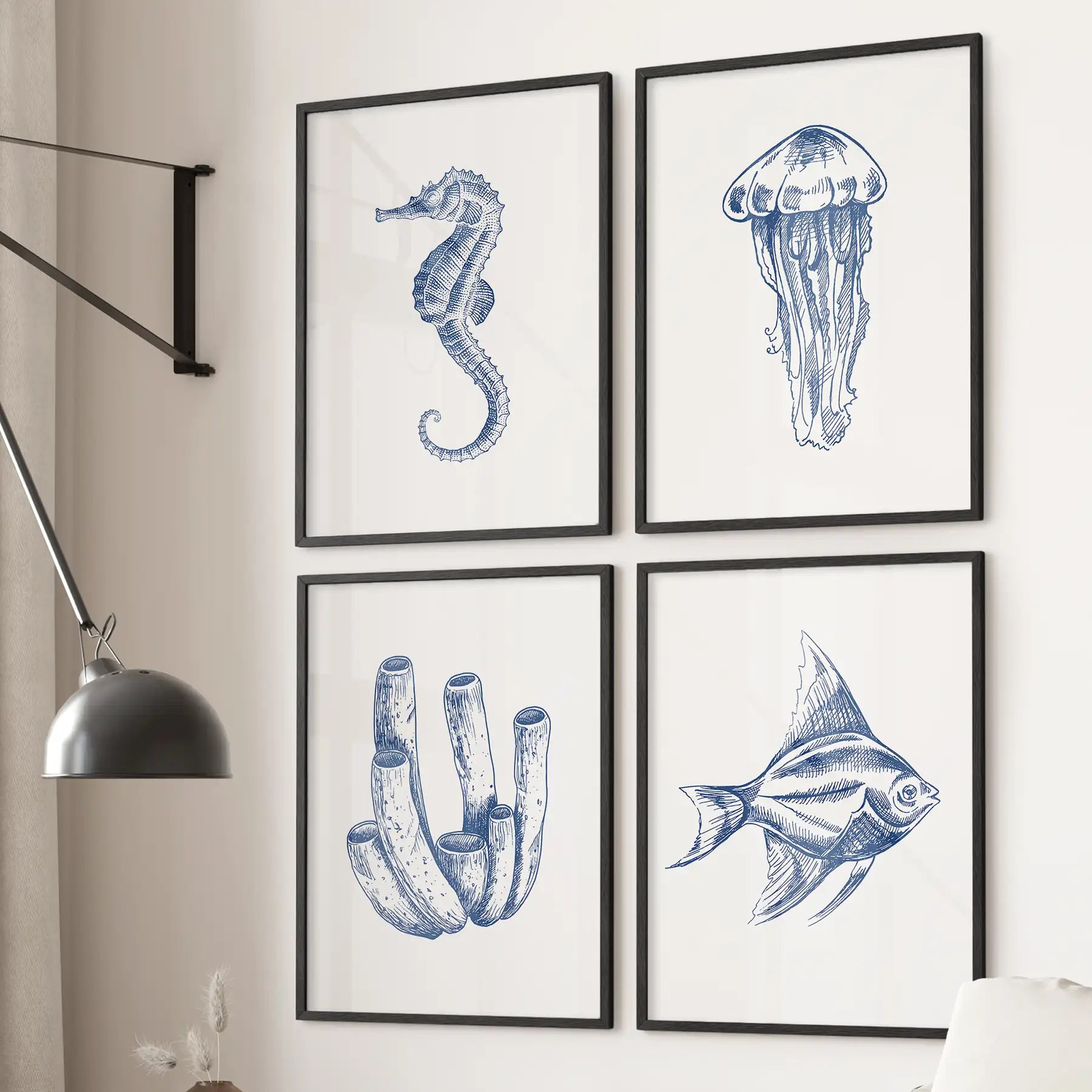 Jellyfish, fish, seahorse line art print. Marine nautical beach house decor. Black frames for living room.