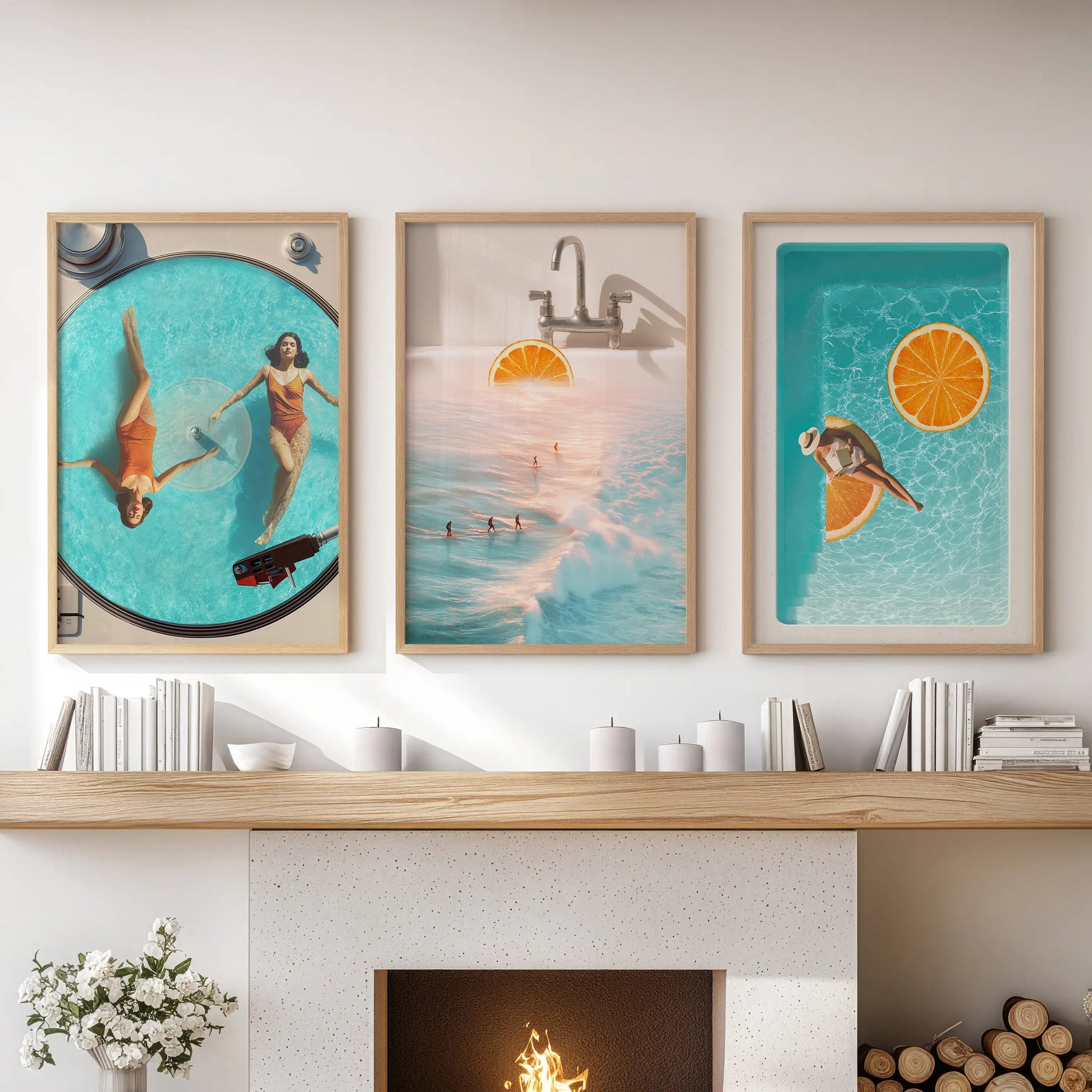 Retro summer surf posters, a three-panel wall decor set, ground the lounge in warm wooden frames over the fireplace mantel with bold blue and orange.
