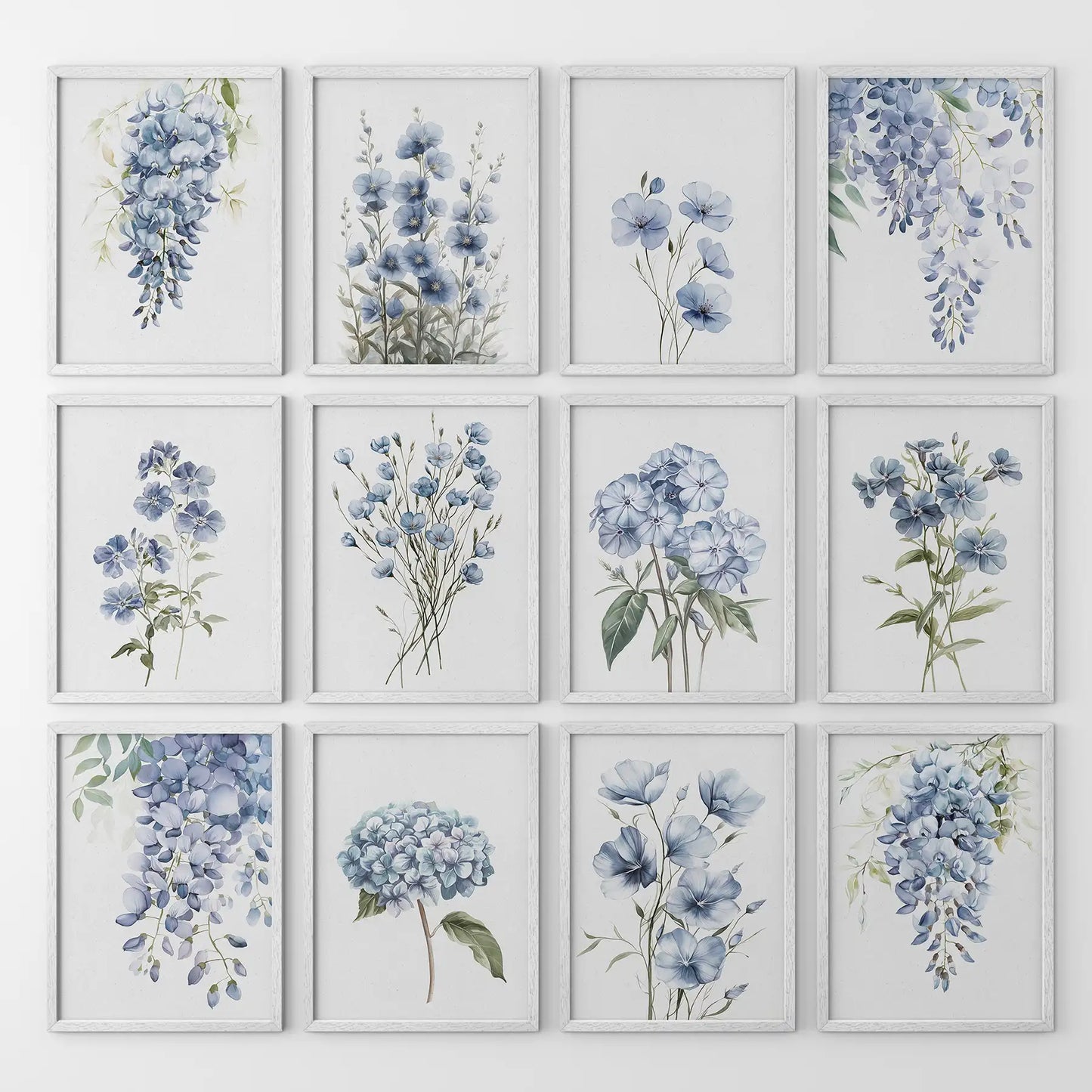 Blue botanical wall art 12 piece watercolor floral print set with hydrangea, delphinium, and soft blooms for modern home decor. White frames for living room.