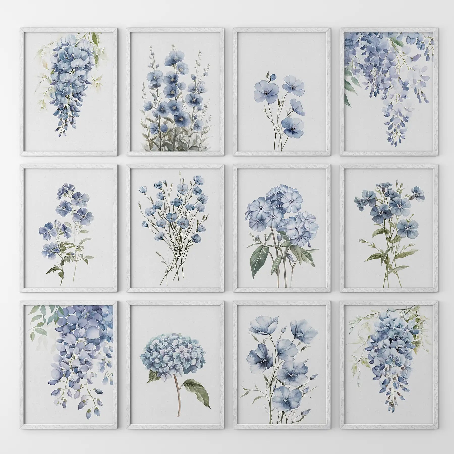 Blue botanical wall art 12 piece watercolor floral print set with hydrangea, delphinium, and soft blooms for modern home decor. White frames for living room.