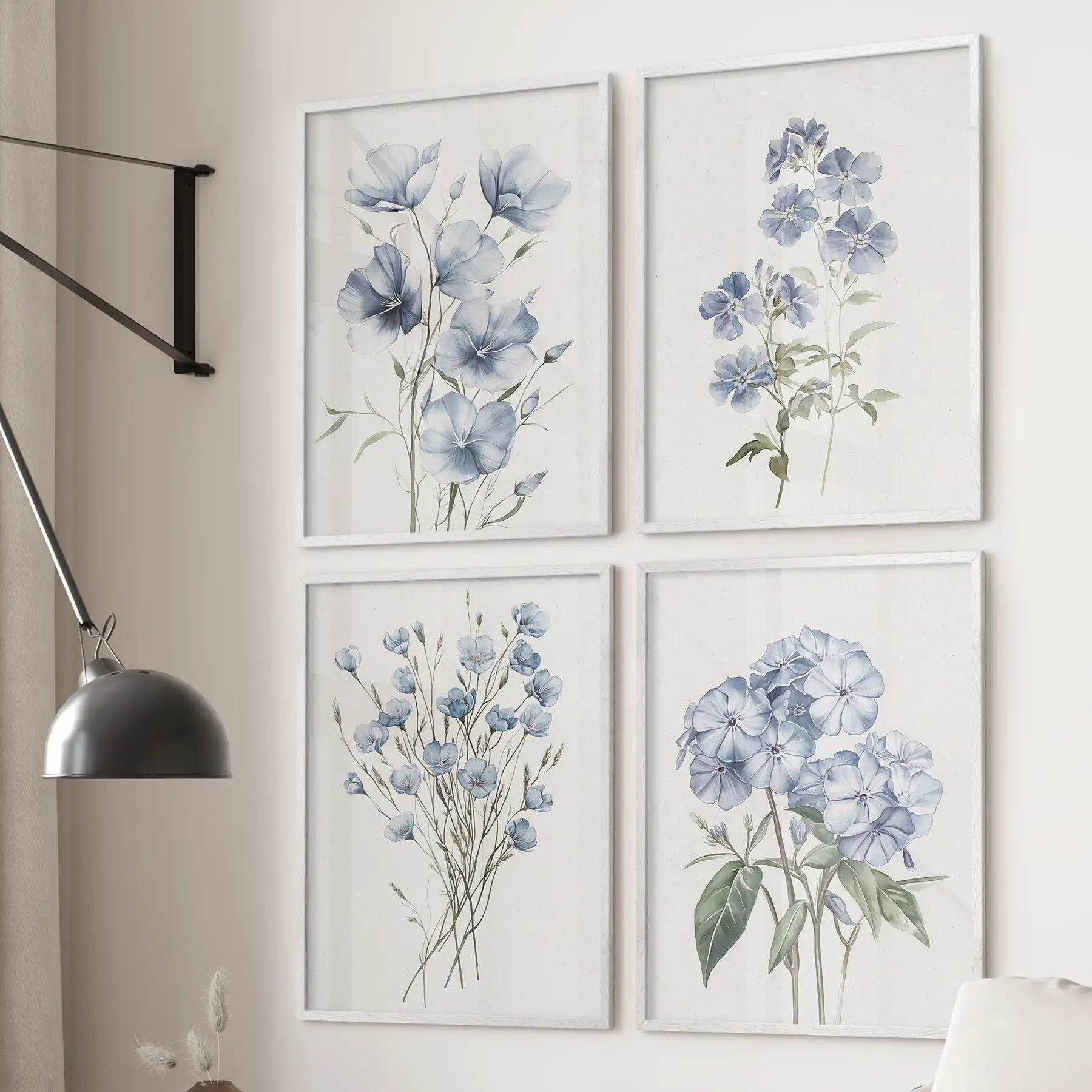 Phlox floral print with soft blue petals and green leaves. White frames for living room.