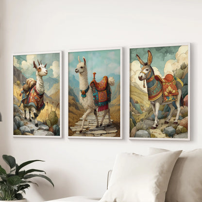 In the sitting room, a 3-piece goat wall art collection above the sofa blends boho warmth and light gallery style through simple white frames.