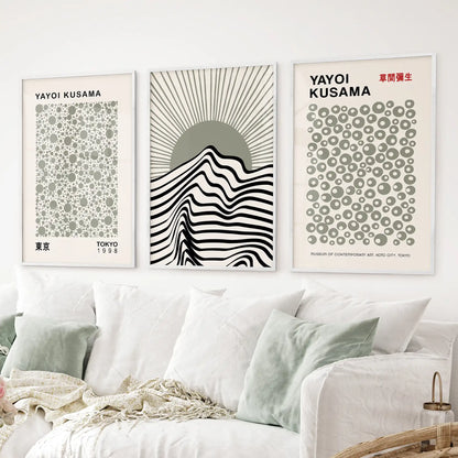 Modern bauhaus-inspired prints in white frames, 3 piece gallery wall poster set