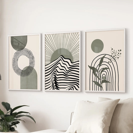 Minimalist green posters wall art 3 set adds airy color in the living room above the sofa, cleanly framed in white to suit modern boho decor.