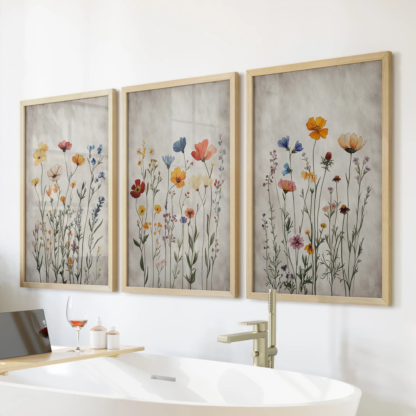 Farmhouse florals as a set of three wall art prints in warm natural wood frames, inviting a spa feel to the bathroom over the bathtub wall.