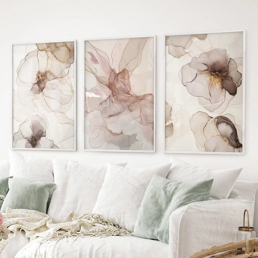 Soft abstract posters in white frames, watercolor wall set of 3 for calm spaces
