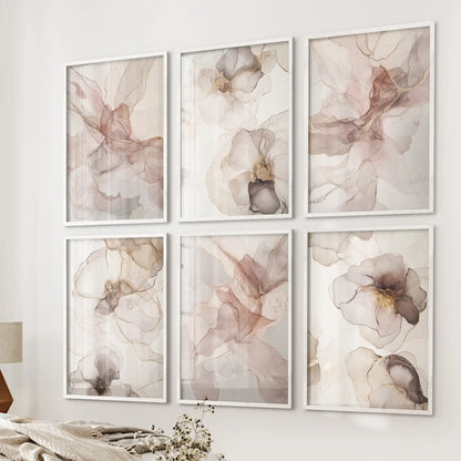 Elegant 6 piece art set featuring abstract flowers in earthy colors. Gallery wall neutral tones. White frames for neutral living room.