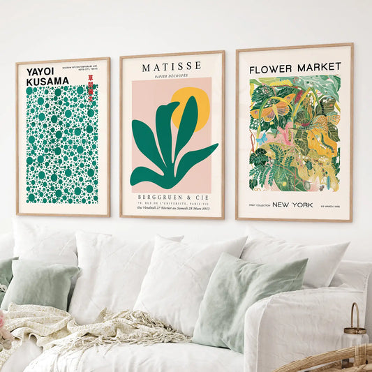 Modern abstract Matisse-inspired prints in wood frames, colorful set of 3