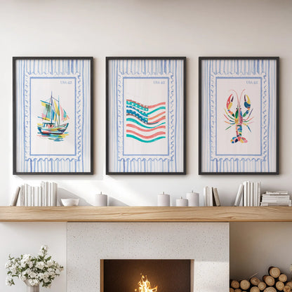 Playful ocean icons as a three-print wall art set, black-framed for contrast and displayed over the fireplace mantel to energize the family room.