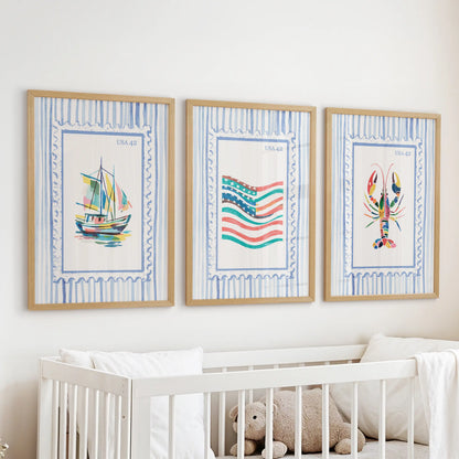 This wall-hanging trio of bright coastal prints, framed in warm oak, rests above the crib to soften the baby’s room with coastal color.