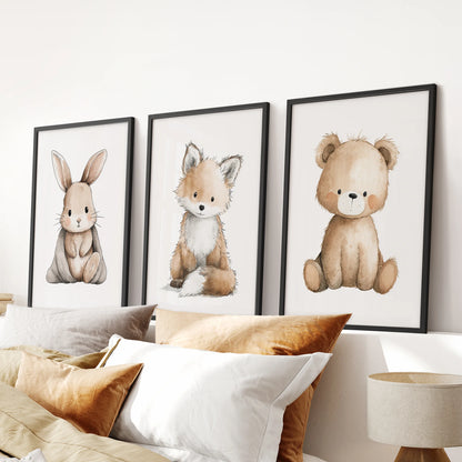 Bunny, fox and teddy bear 3-piece wall art makes a sweet statement over the headboard in a bedroom, finished in black frames for a crisp look.