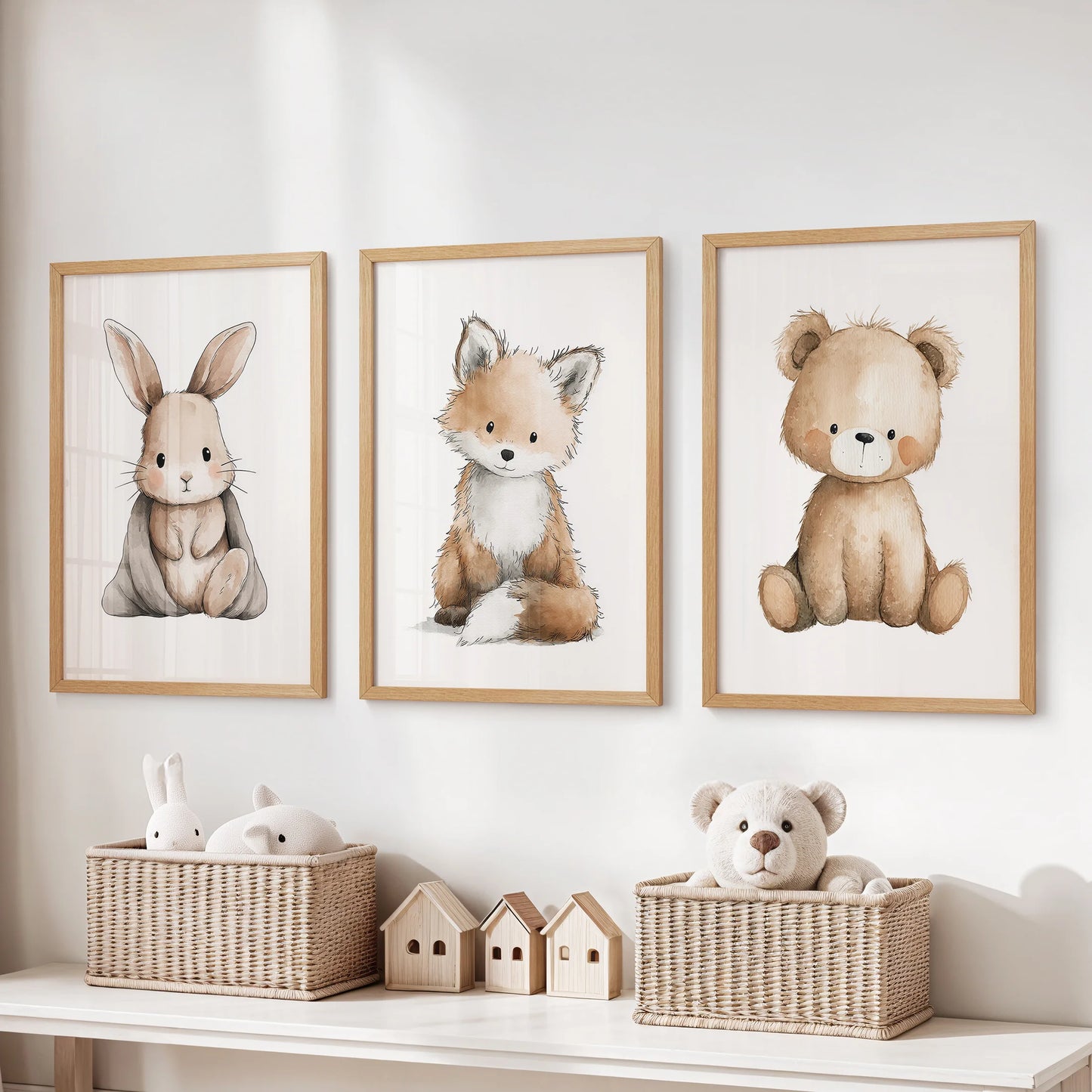 Oak-framed set of three pictures featuring bunny, fox, and teddy bear lines the wall above toy storage in a lively kids playroom.