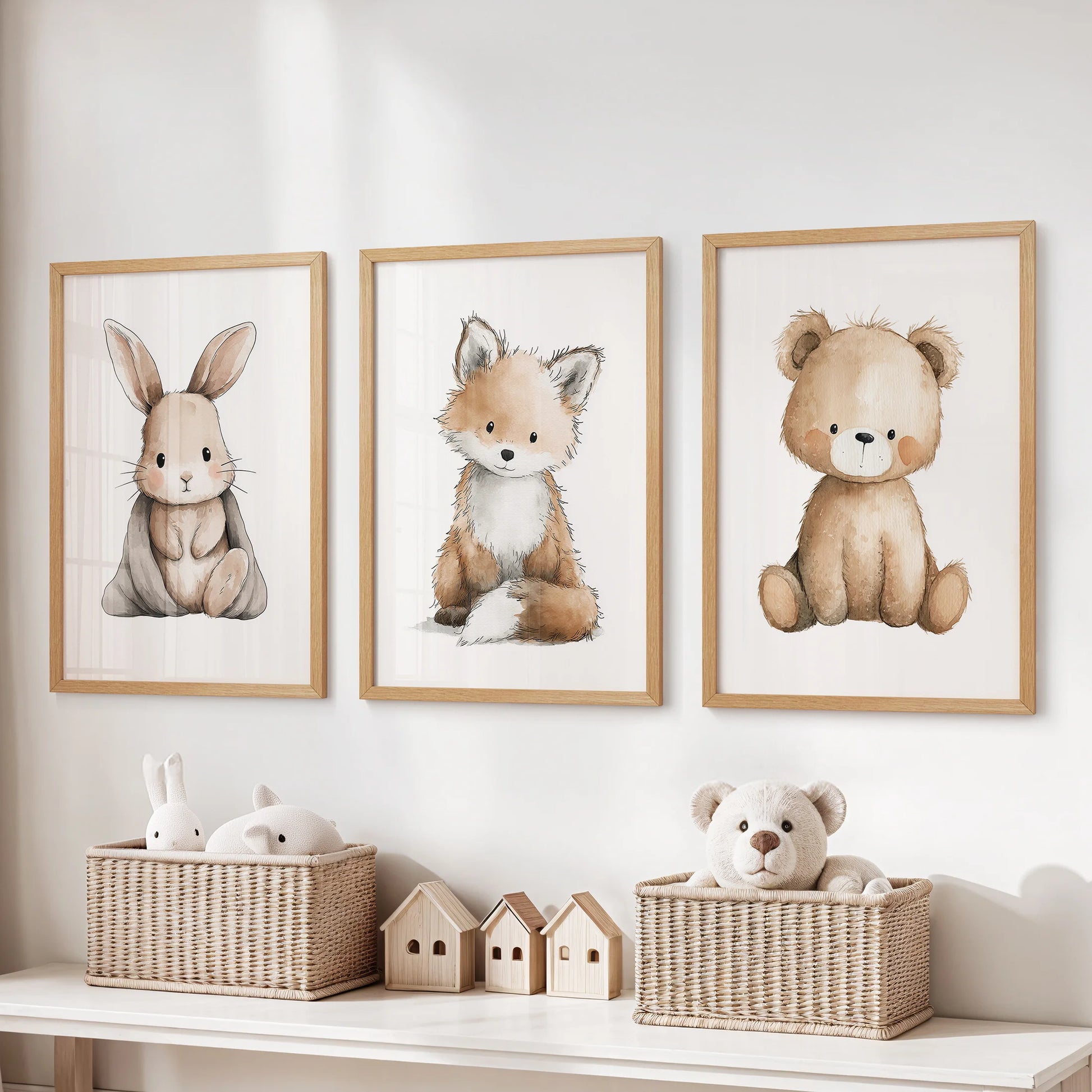 Oak-framed set of three pictures featuring bunny, fox, and teddy bear lines the wall above toy storage in a lively kids playroom.