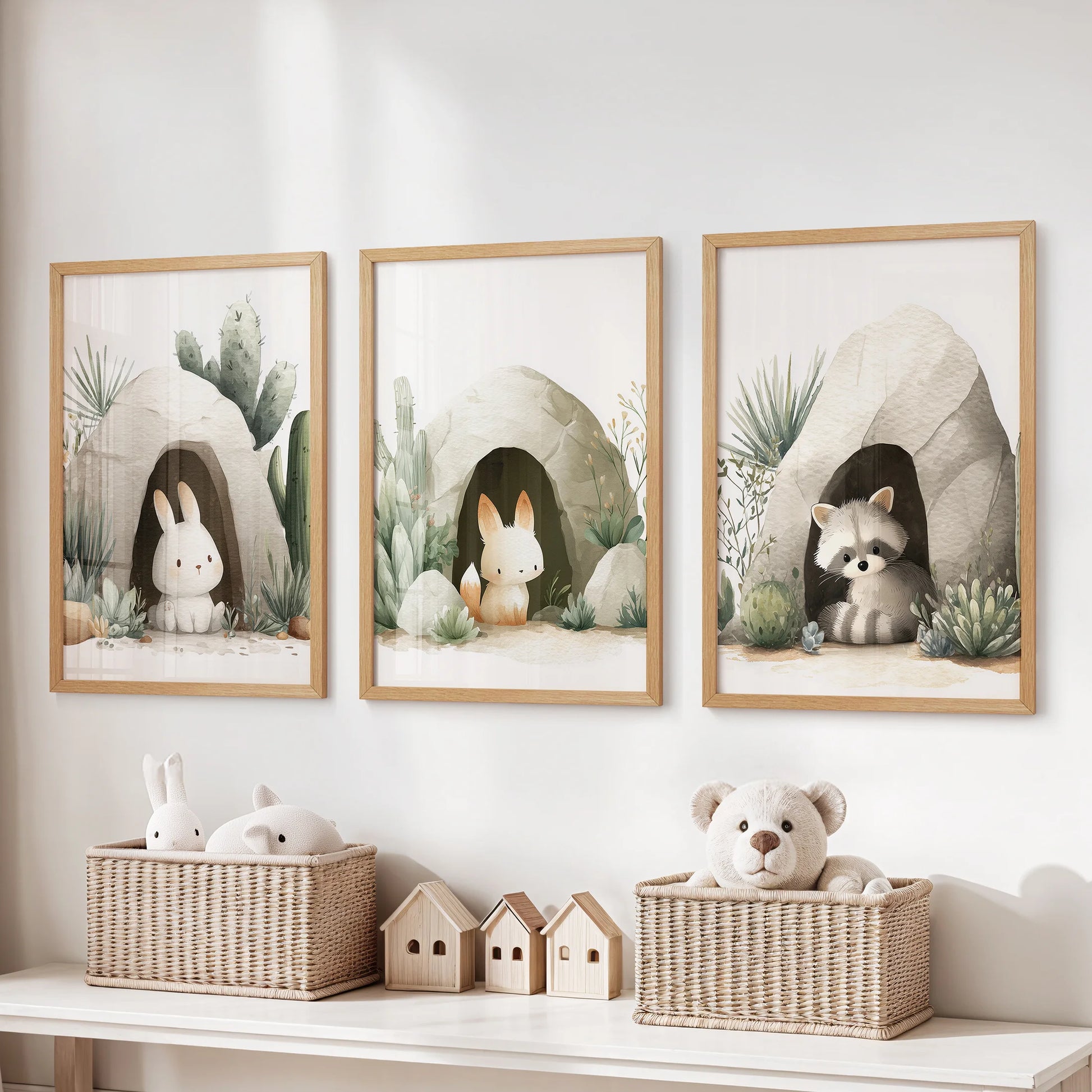 Wall art trio featuring bunnies and raccoon peeking from caves, neutral beige background.
